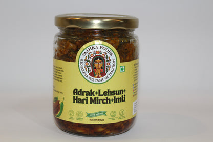 Adrak Lehsun Hari Mirch and Imli Pickle